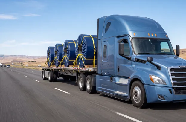 Clean Flatbed Steel Coil Transport Scene-