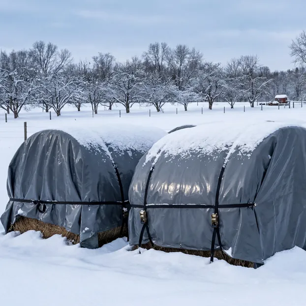 Winter Farm Hay Bale Protection Scene-