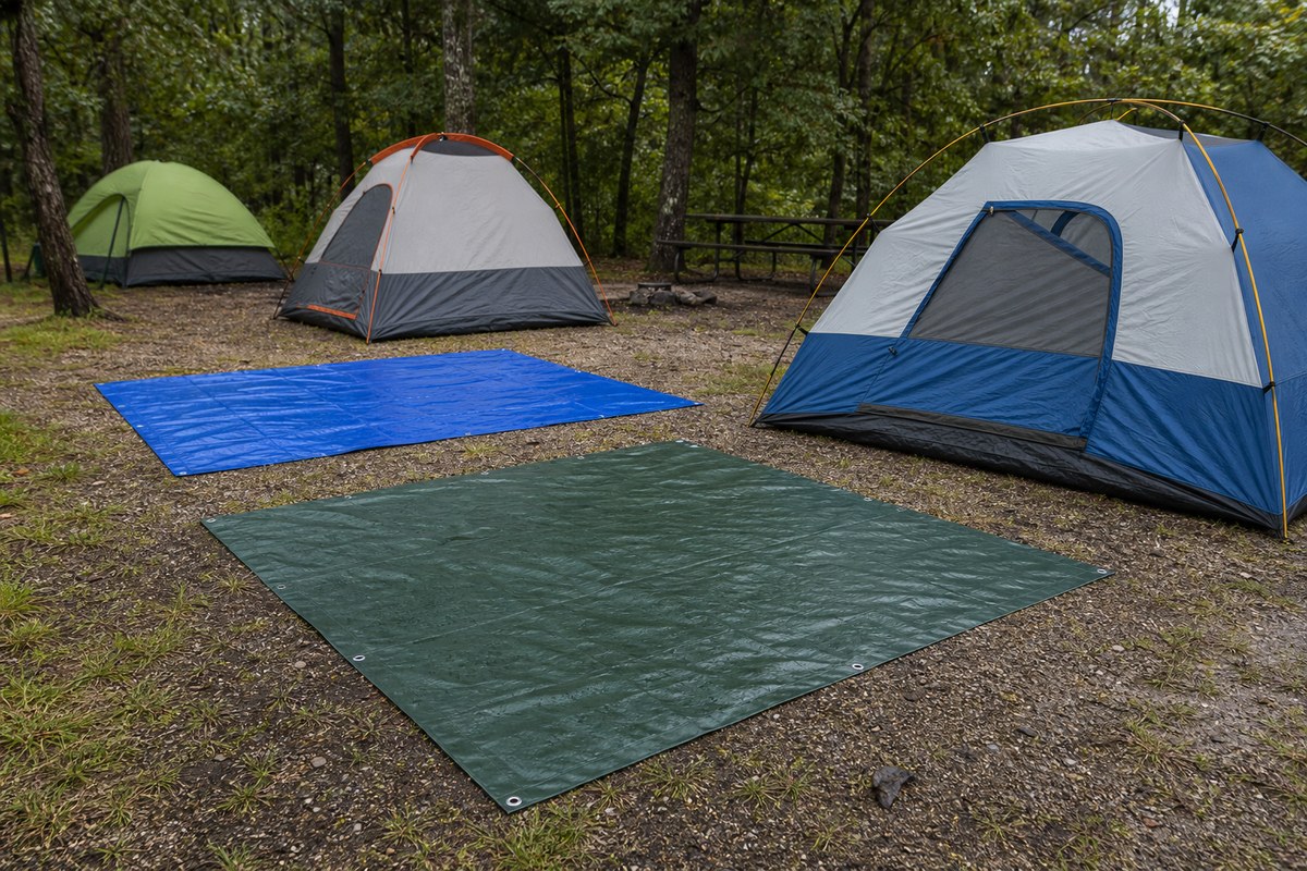 commercial campsite ground tarp laid under a tent footprint on damp grass