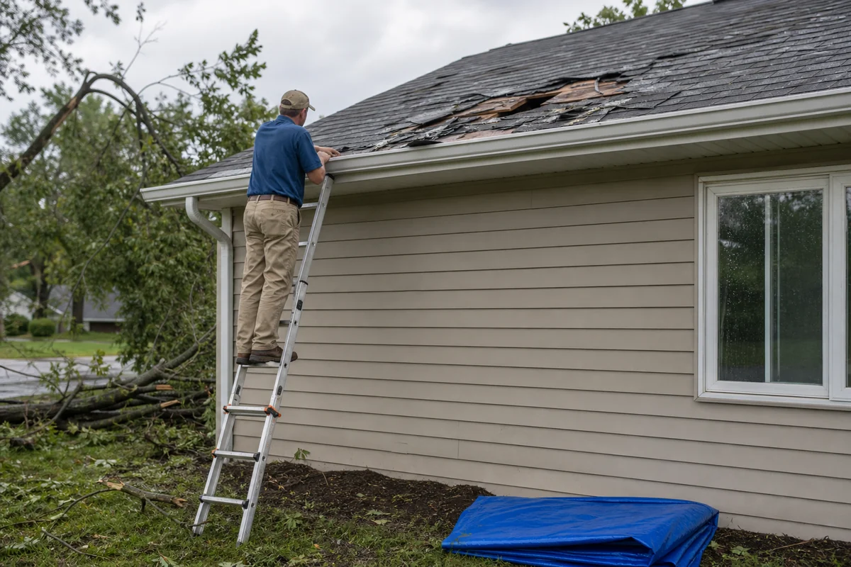 contractor safely assessing storm damage before using an emergency roof tarp