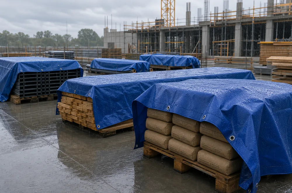 construction tarps covering unmarked building materials on a commercial jobsite