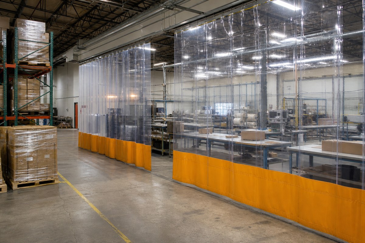industrial divider curtains separating warehouse zones for flexible workspace planning