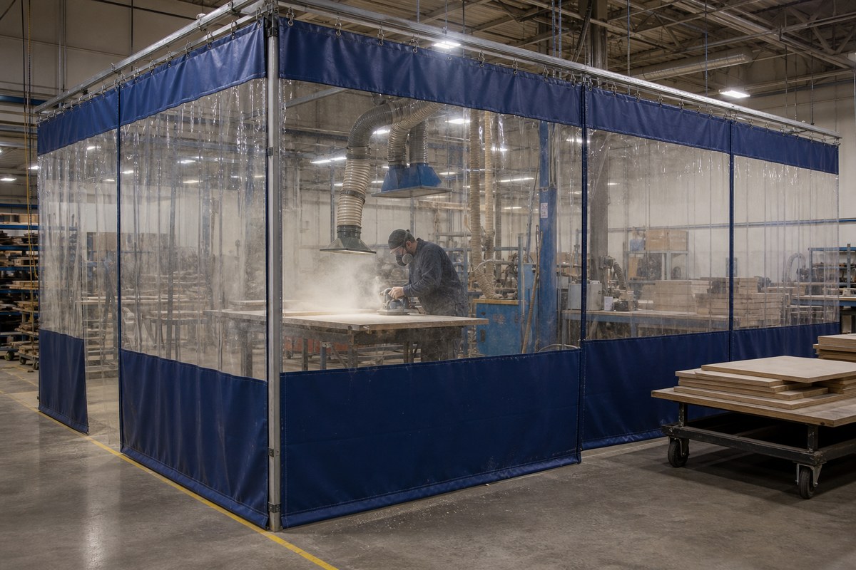industrial dust control curtain enclosing a sanding area to contain airborne dust