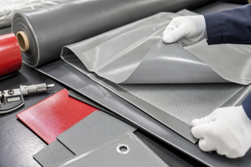 factory inspection of flame retardant PVC tarp material samples