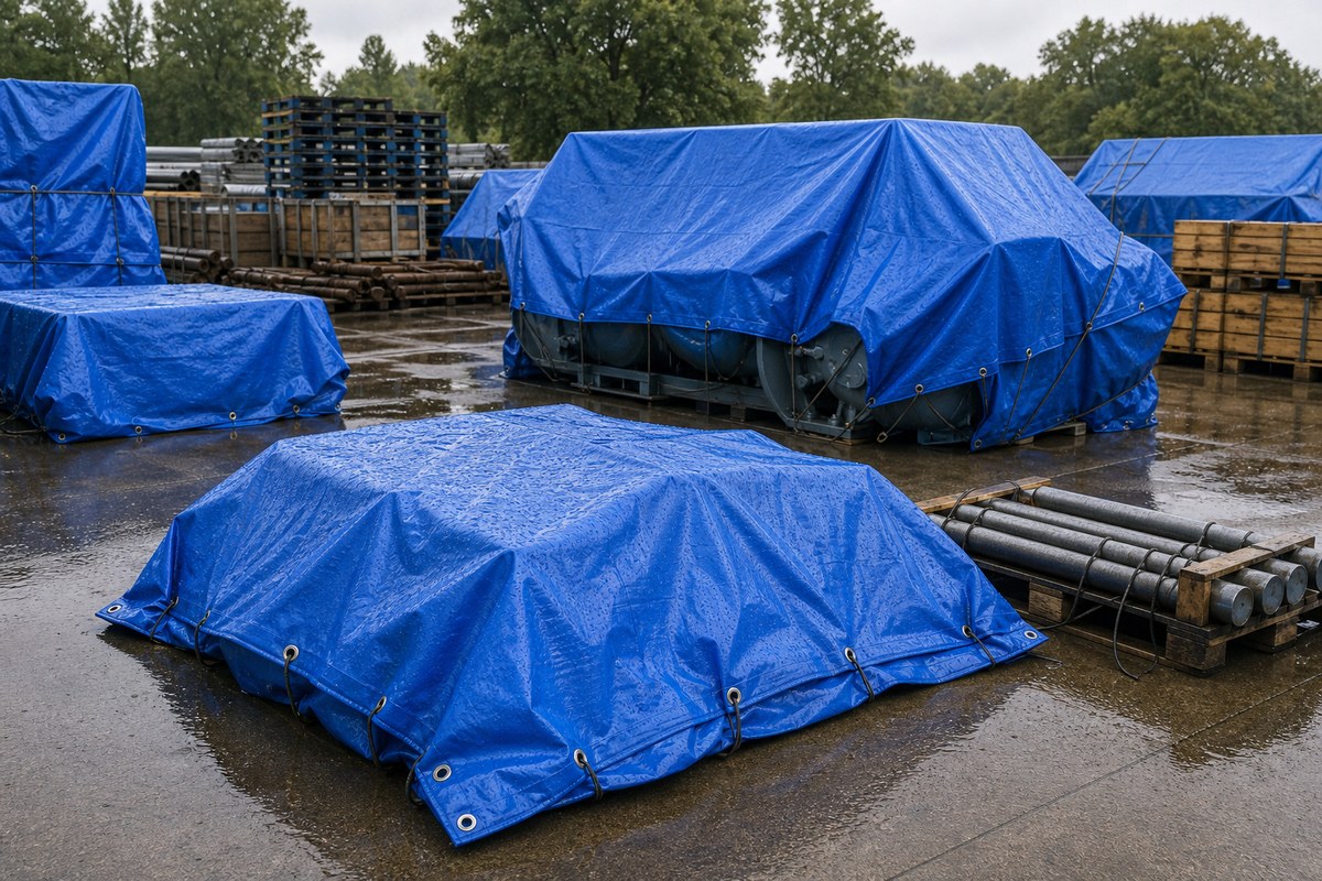 waterproof tarps covering outdoor pallets and equipment in an industrial yard
