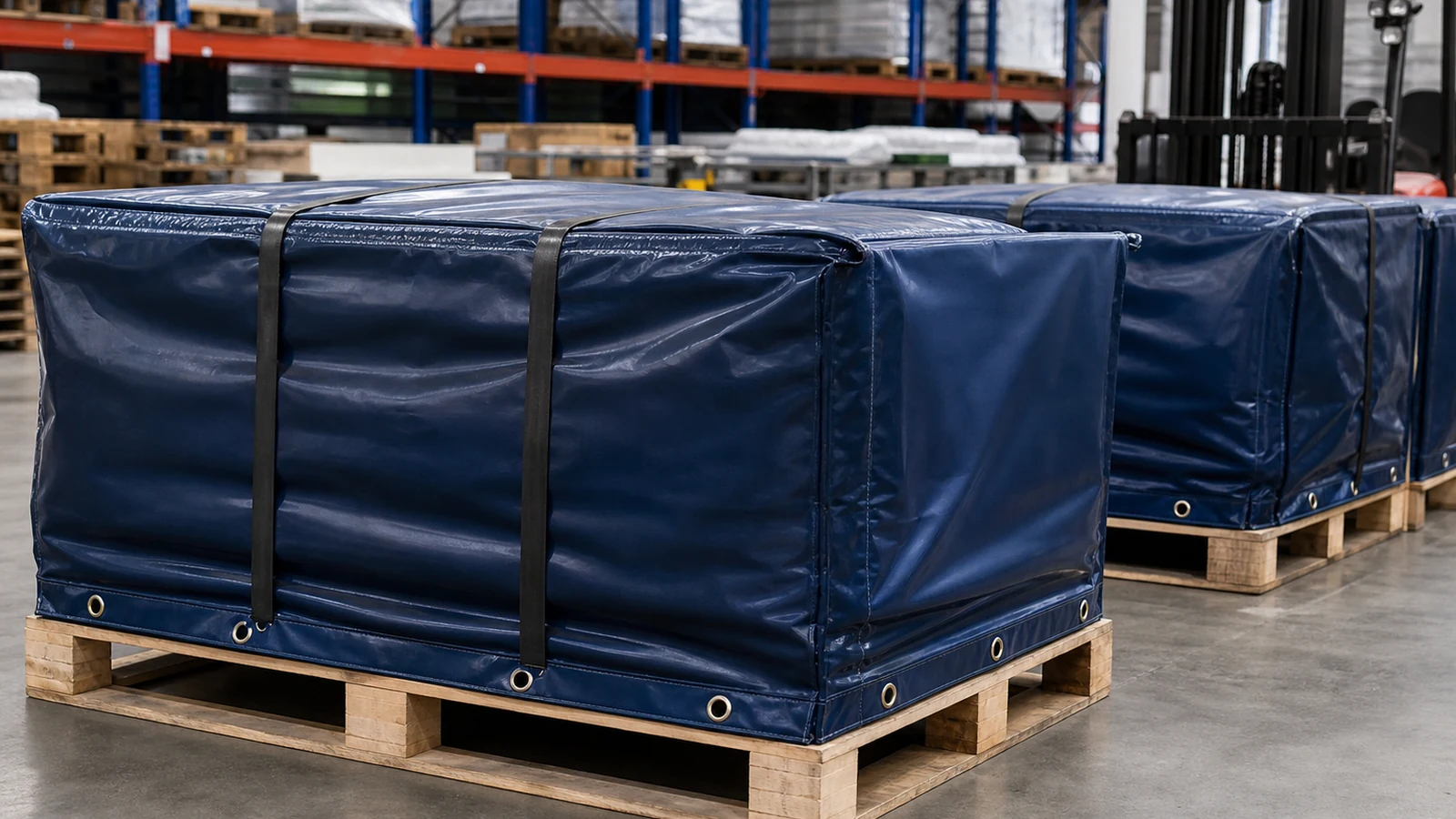 PVC pallet covers protecting palletized goods in a warehouse