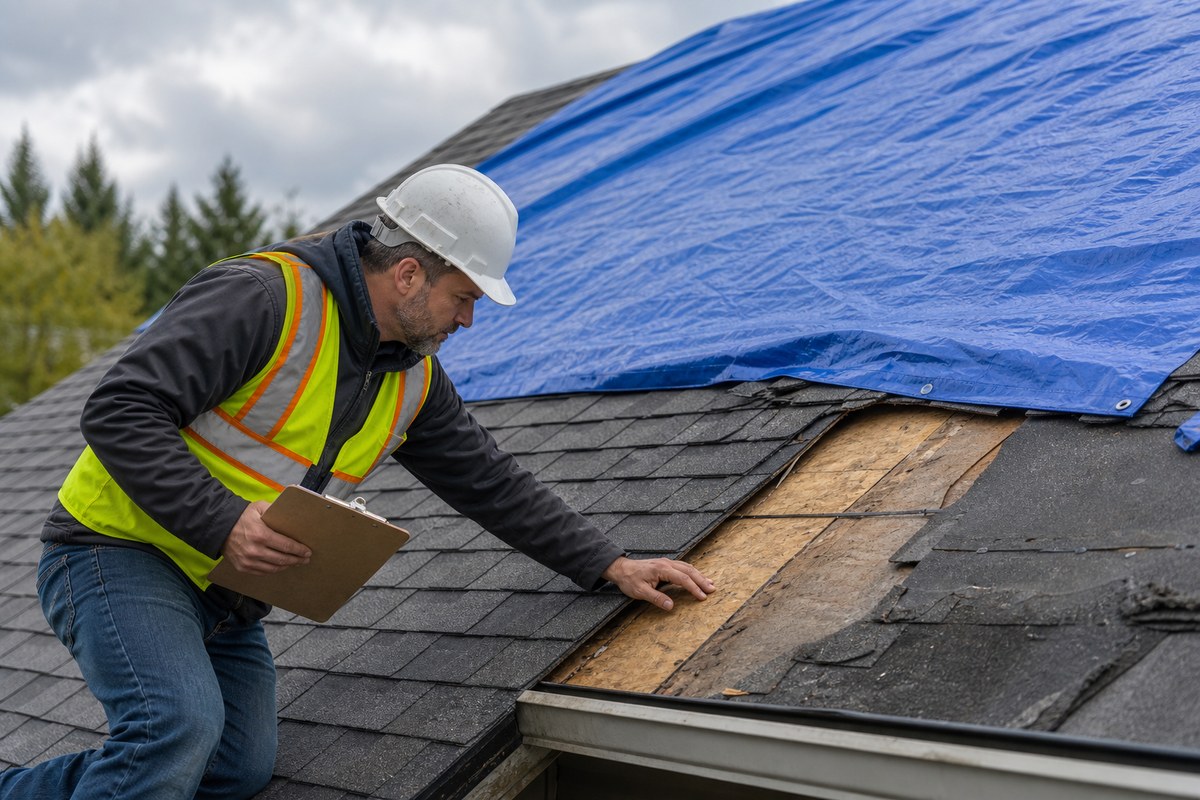 contractor checking roof condition before selecting a waterproof roof tarp