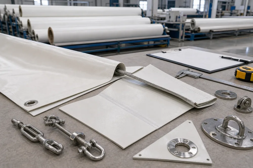 white membrane structure fabric samples with cable pocket and stainless tension hardware
