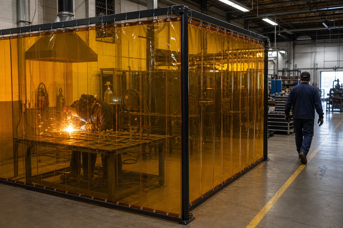 industrial welding curtain separating a fabrication workspace from nearby traffic