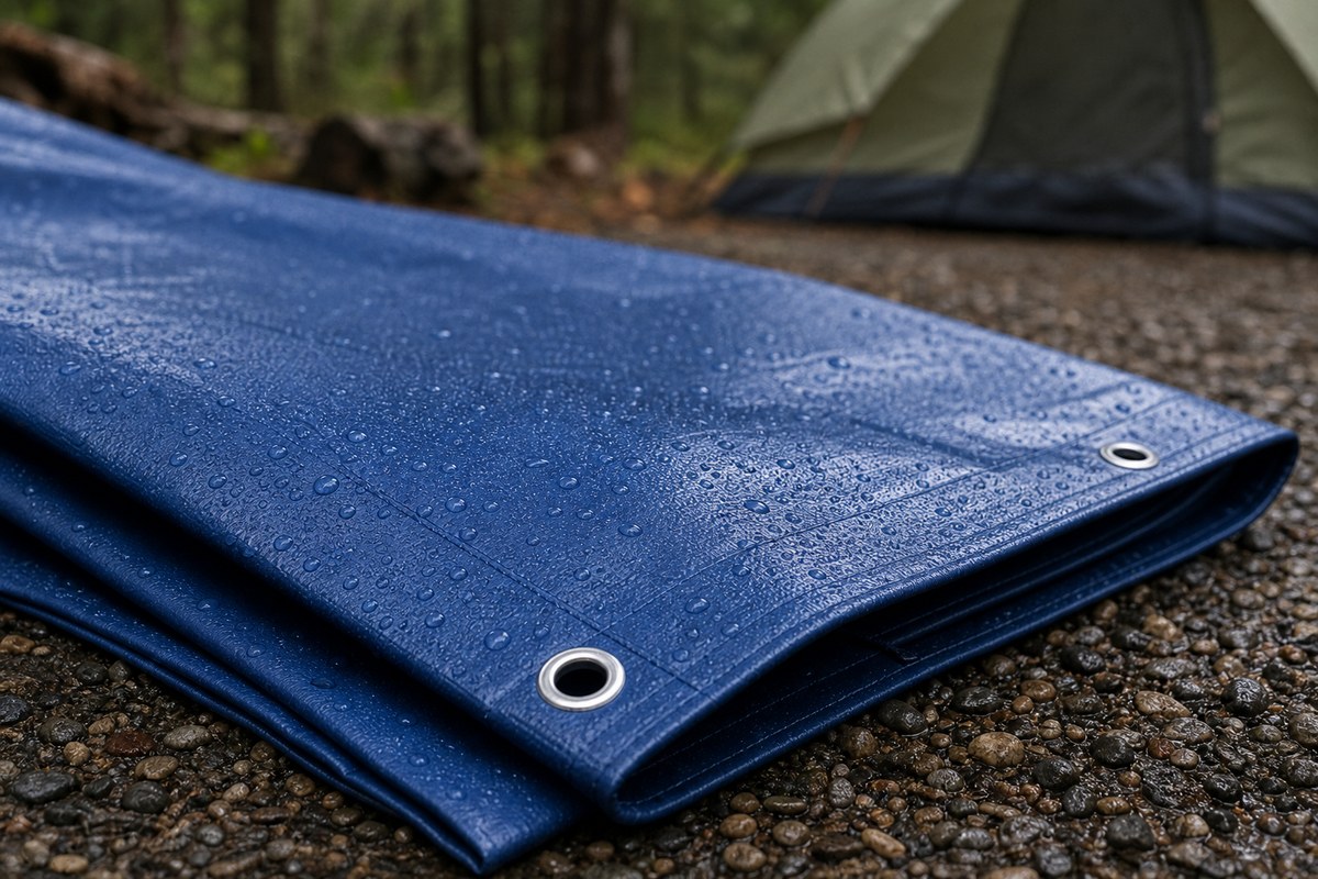 waterproof camping ground tarp material samples with reinforced edge and grommets
