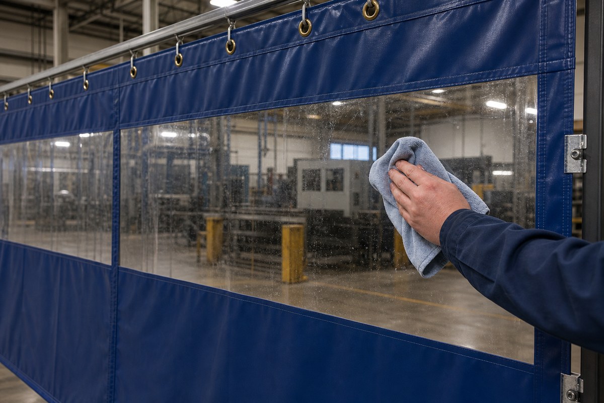 worker wiping a clear PVC dust control curtain panel with reinforced blue edges