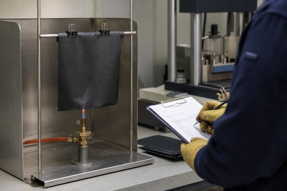 controlled flame retardant tarp sample test in a factory quality area