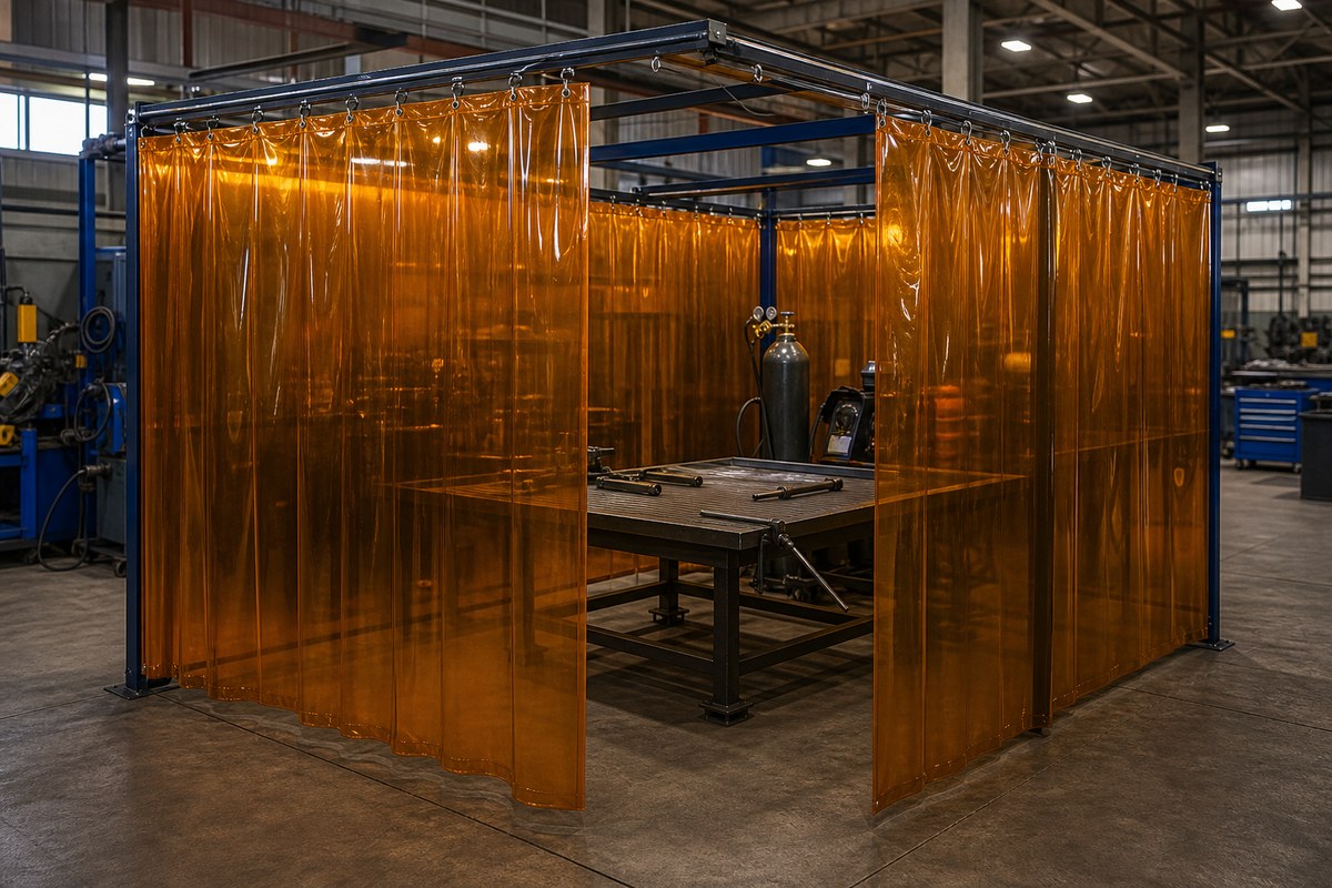 full panel welding curtain booth with reinforced top edge and rail system