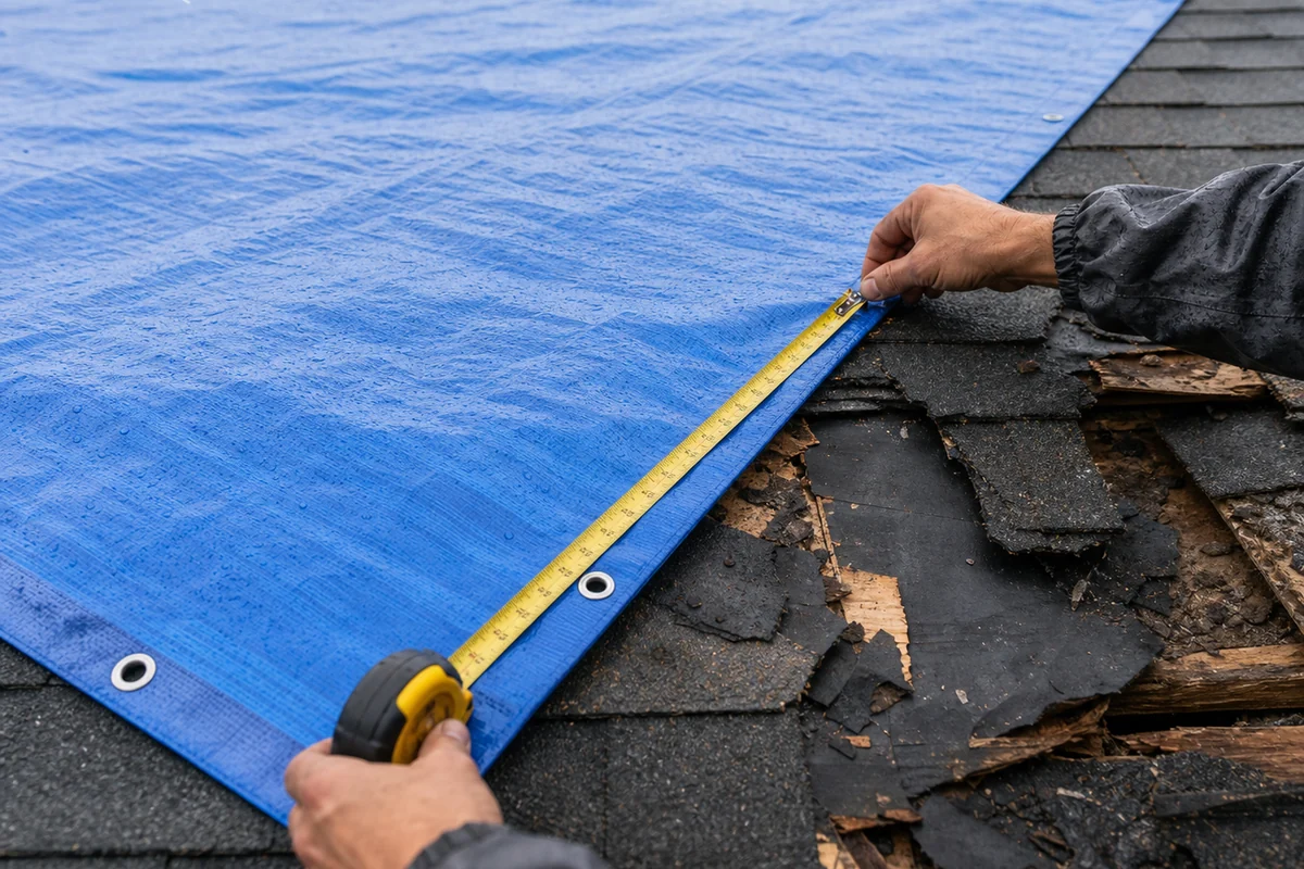 emergency roof tarp measured to extend beyond storm damaged shingles