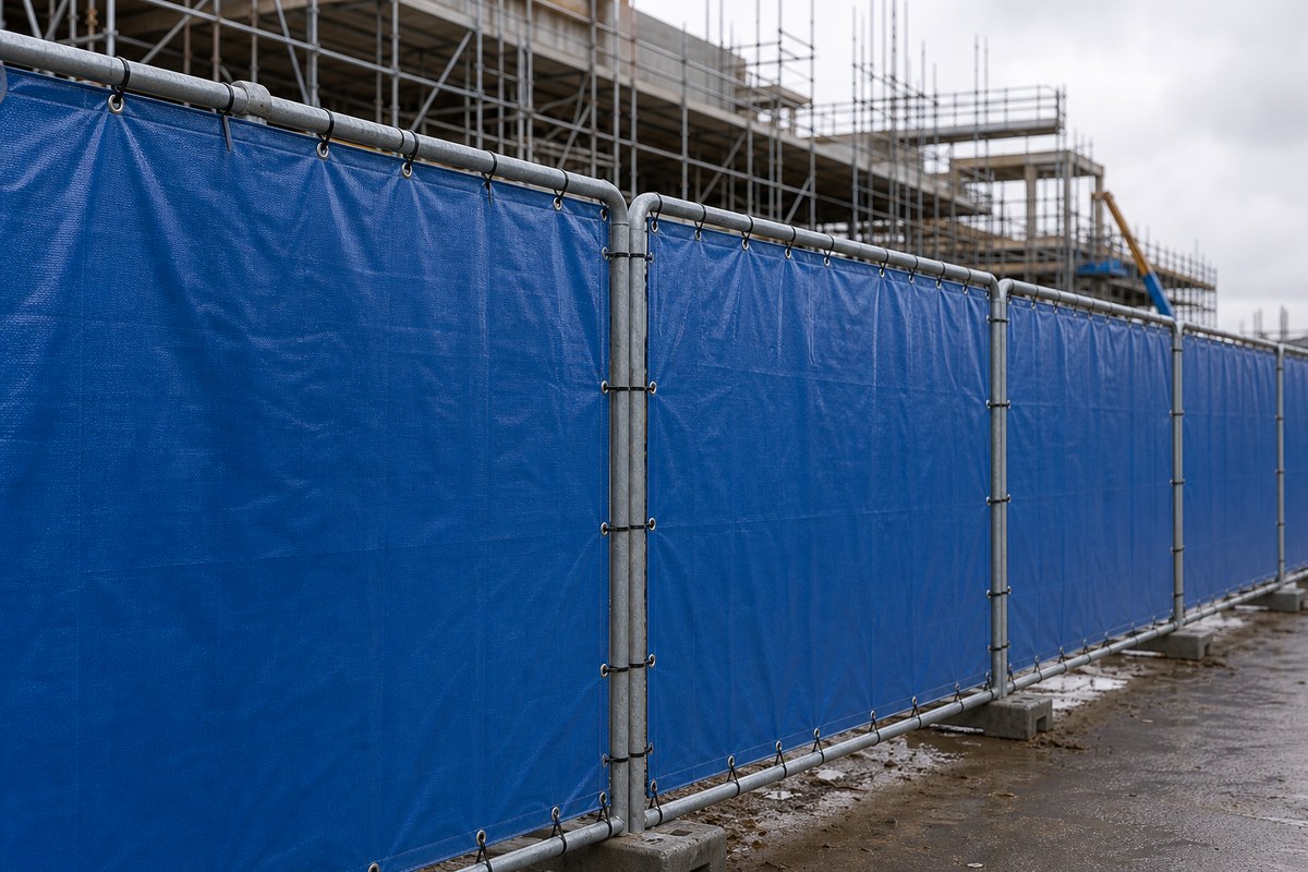 PVC fabric construction hoarding panel fixed to temporary fencing with reinforced edges