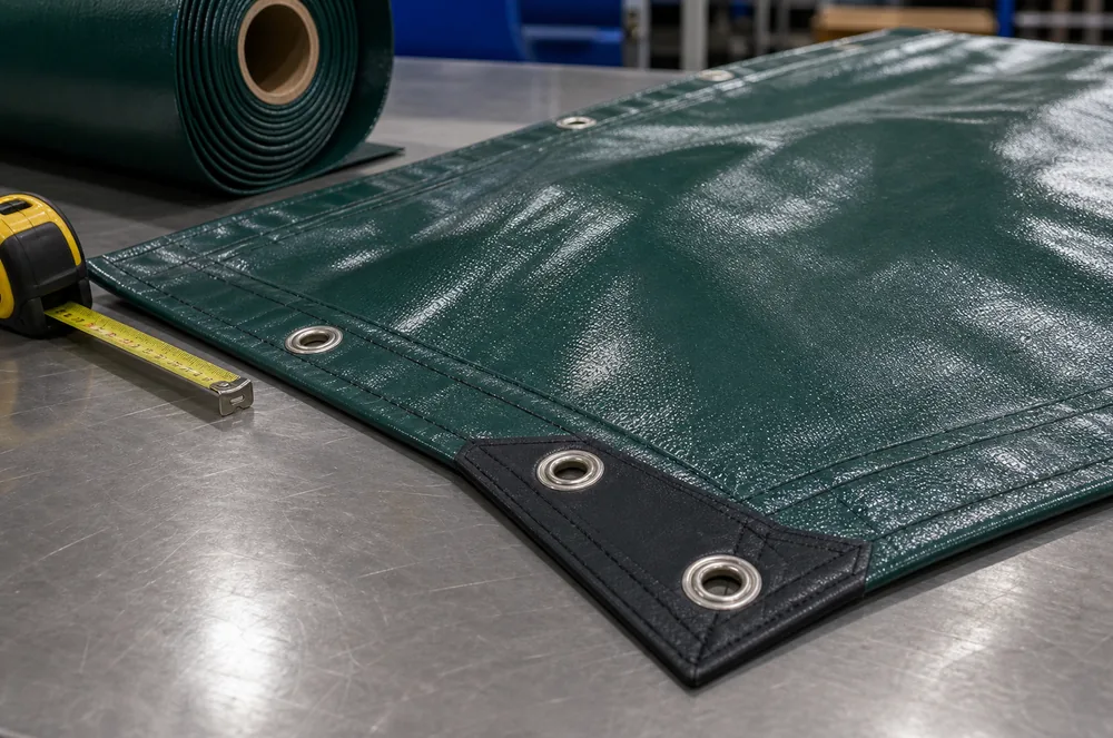 reinforced construction tarp edge with welded hem and metal grommets