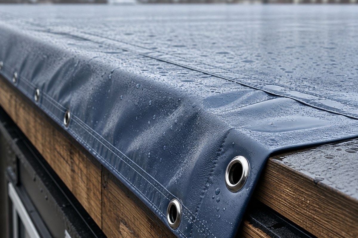 reinforced waterproof roof tarp material with welded seam grommets and raindrops