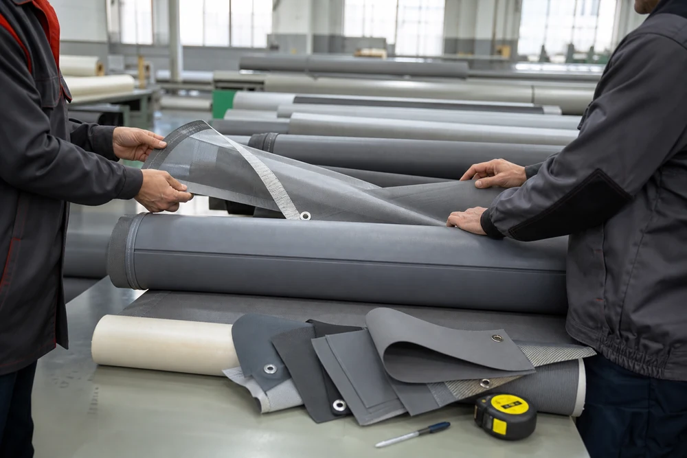 factory inspection of scaffold tarp material rolls before custom production