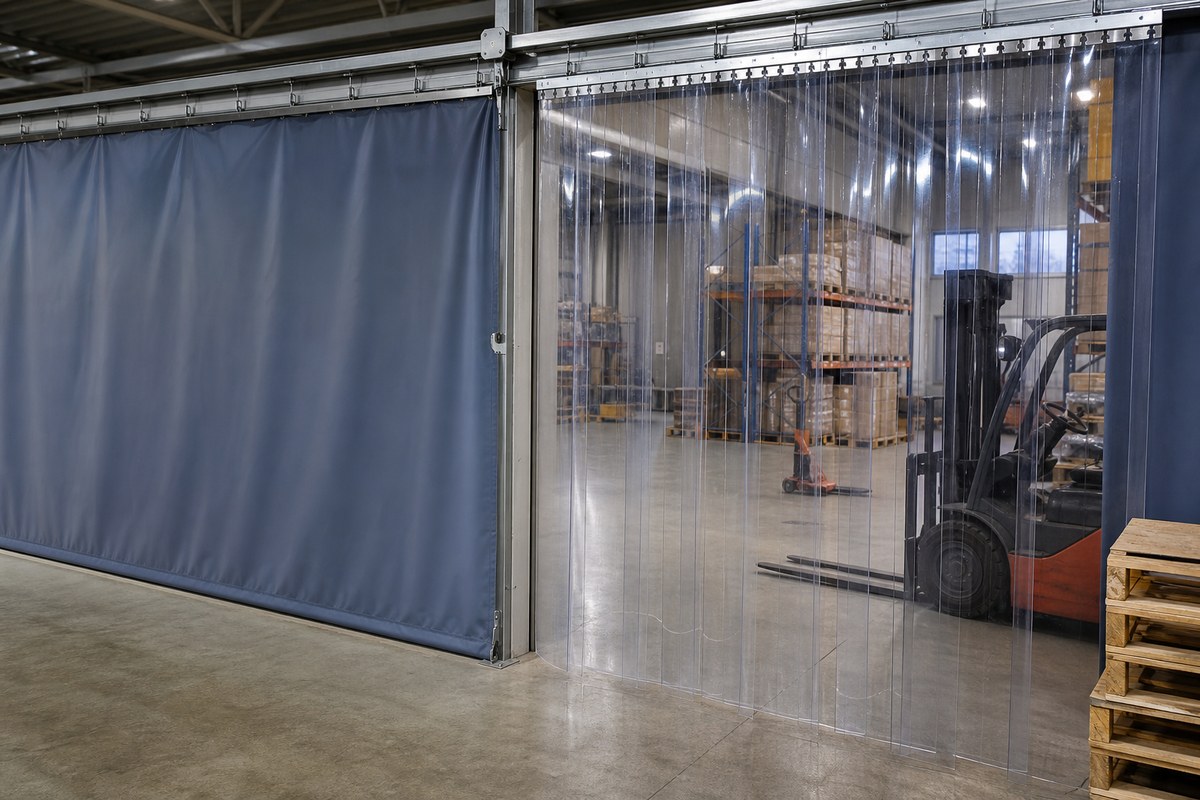 clear PVC strip curtain access opening beside reinforced industrial divider panel
