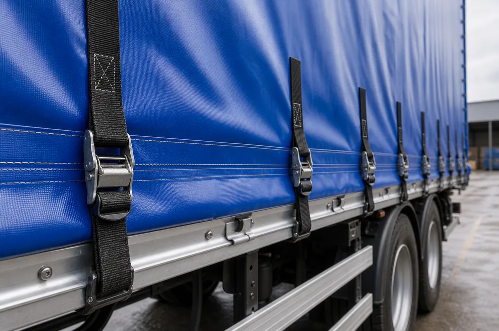 blue PVC coated truck side curtain material with reinforced straps and metal buckles