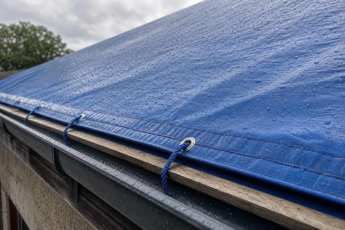 reinforced blue roof tarp cover showing secured edge and weather exposure on a roof