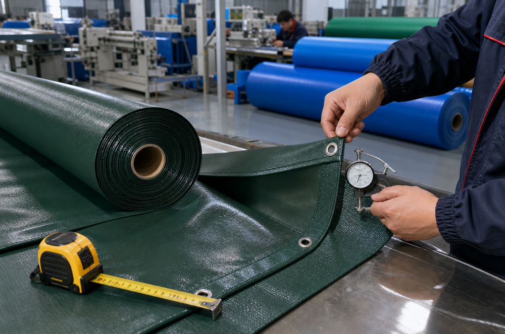 PVC debris tarp material inspection with reinforced edge and grommet details