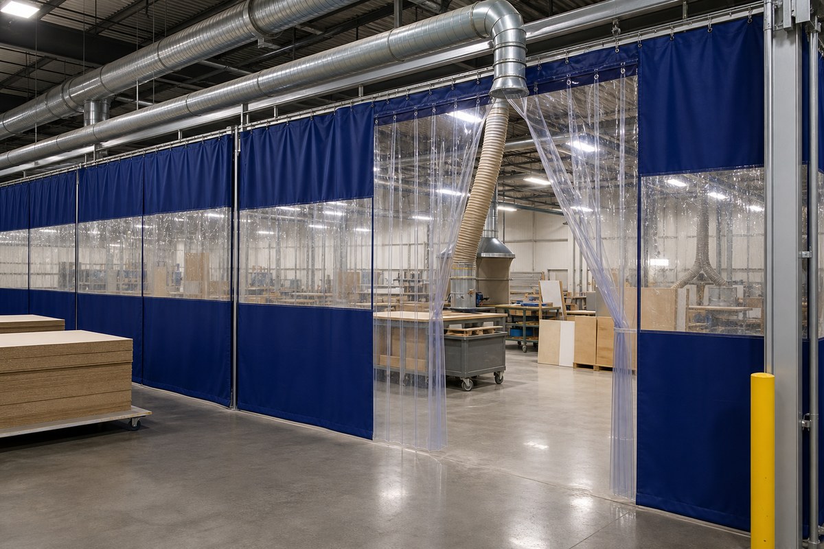 PVC dust control curtain with clear access opening and overhead extraction ducting