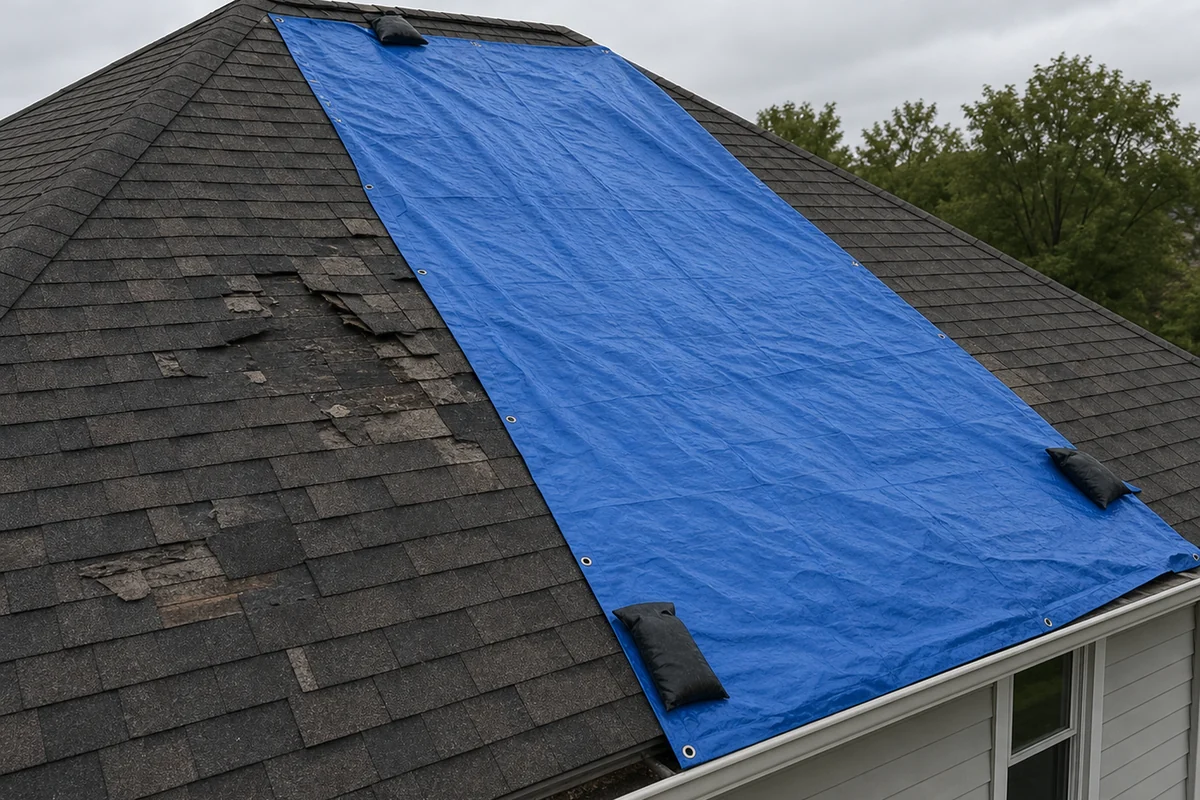 blue emergency roof tarp laid from the high side of a sloped roof after storm damage