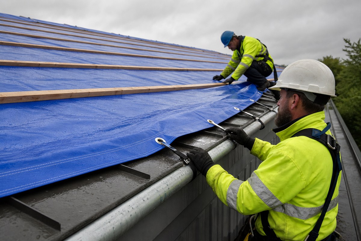 workers checking straps and reinforced edges on a blue roof tarp cover