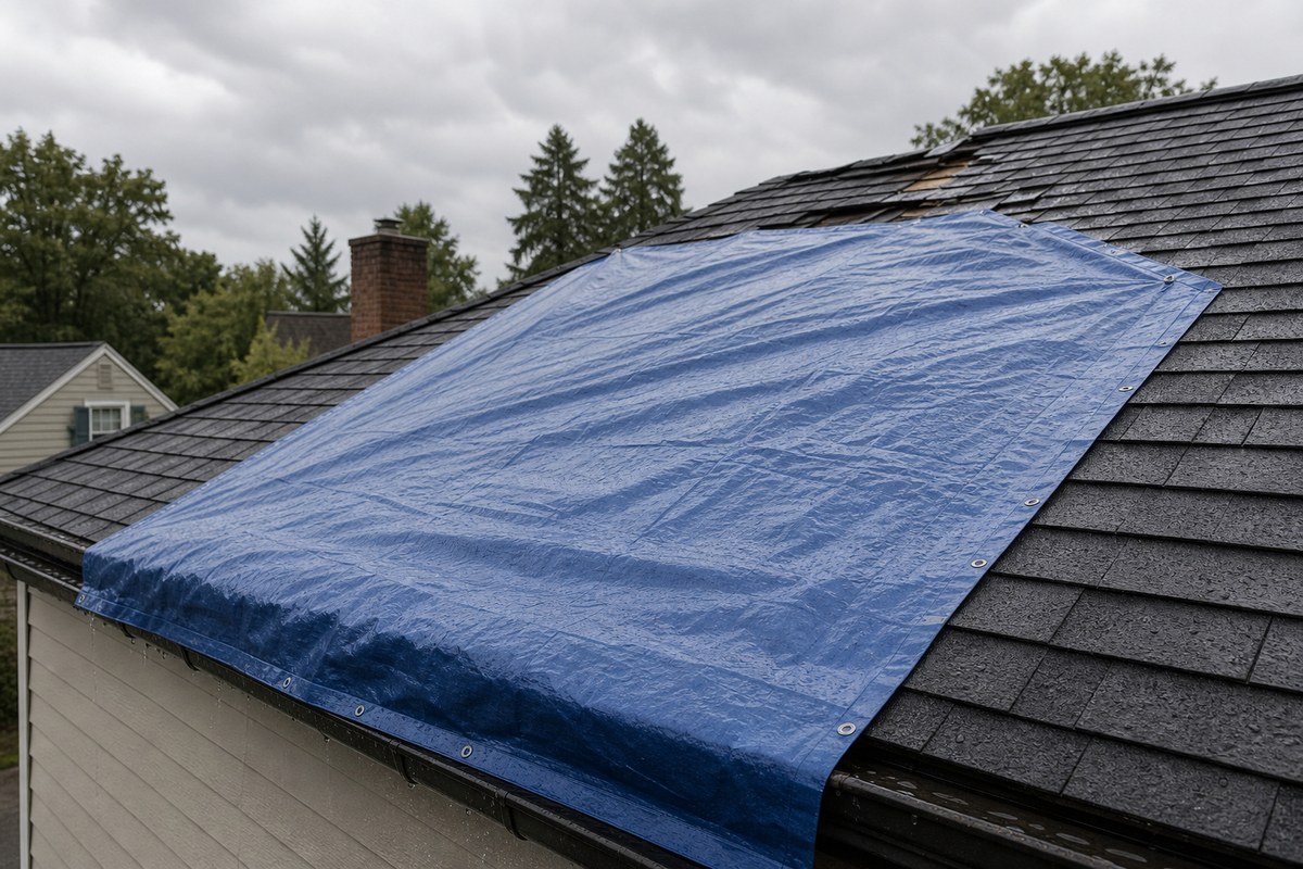waterproof roof tarp sized with overlap runoff and professional fastening points