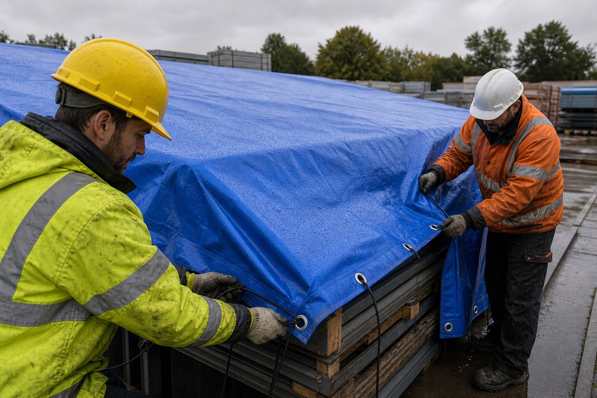 workers securing waterproof tarp edges with ropes and grommets over outdoor materials