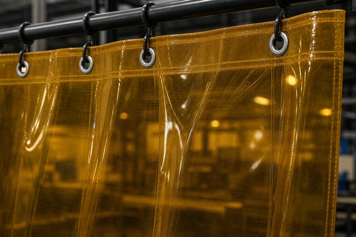 close detail of tinted PVC welding curtain material with grommets and reinforced hem