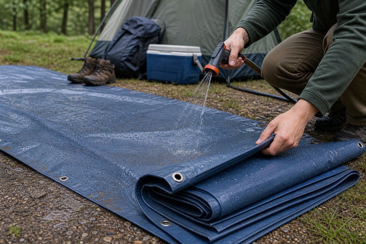 waterproof camping ground tarp being cleaned and folded after campsite use