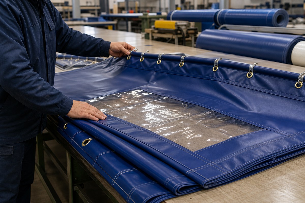 custom blue PVC dust control curtain panel with clear window section under factory inspection