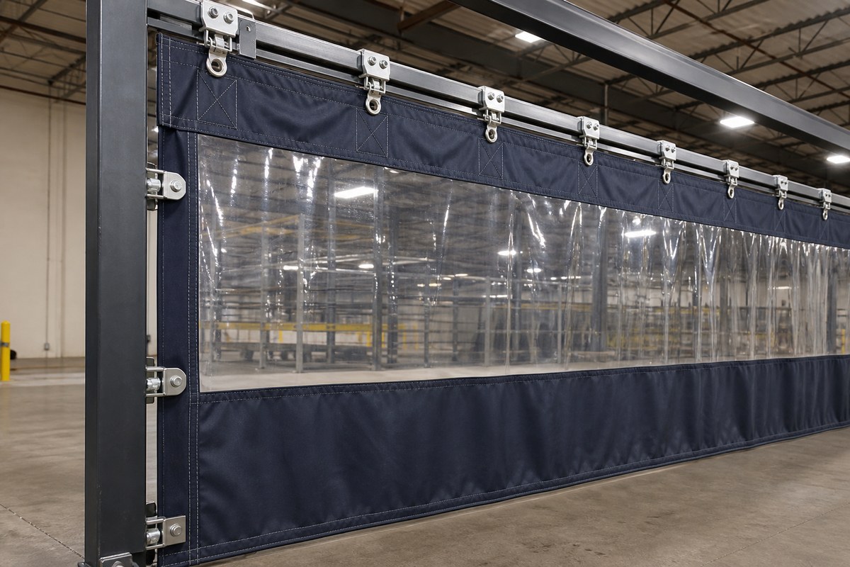 industrial divider curtain overhead track rail and reinforced header installation details