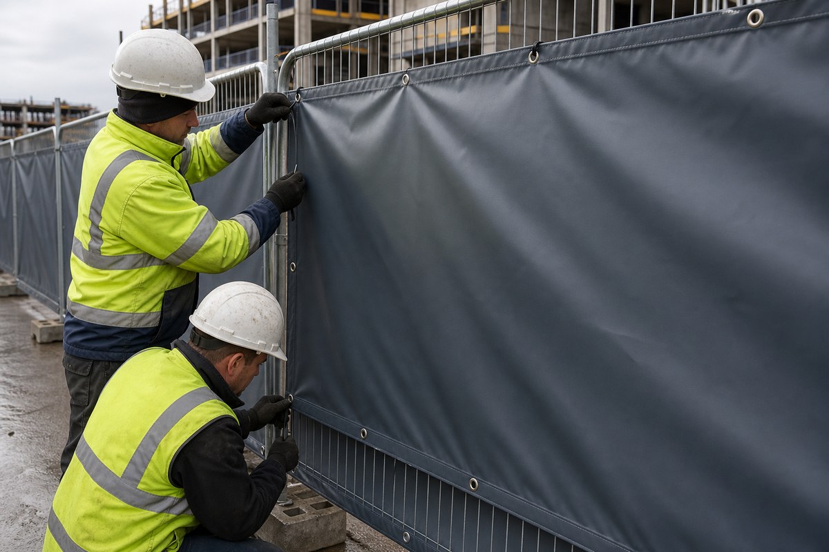 workers installing flexible construction hoarding fabric with grommets and frame ties
