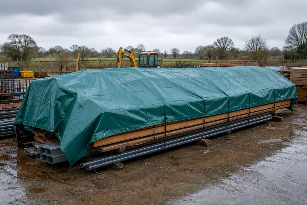 waterproof tarp covering construction materials and outdoor storage at a jobsite