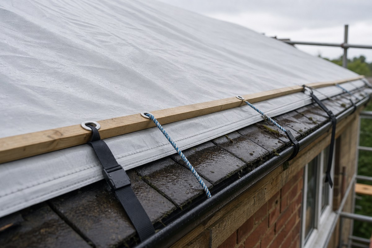 temporary roof tarp edge secured with battens ropes and reinforced grommets