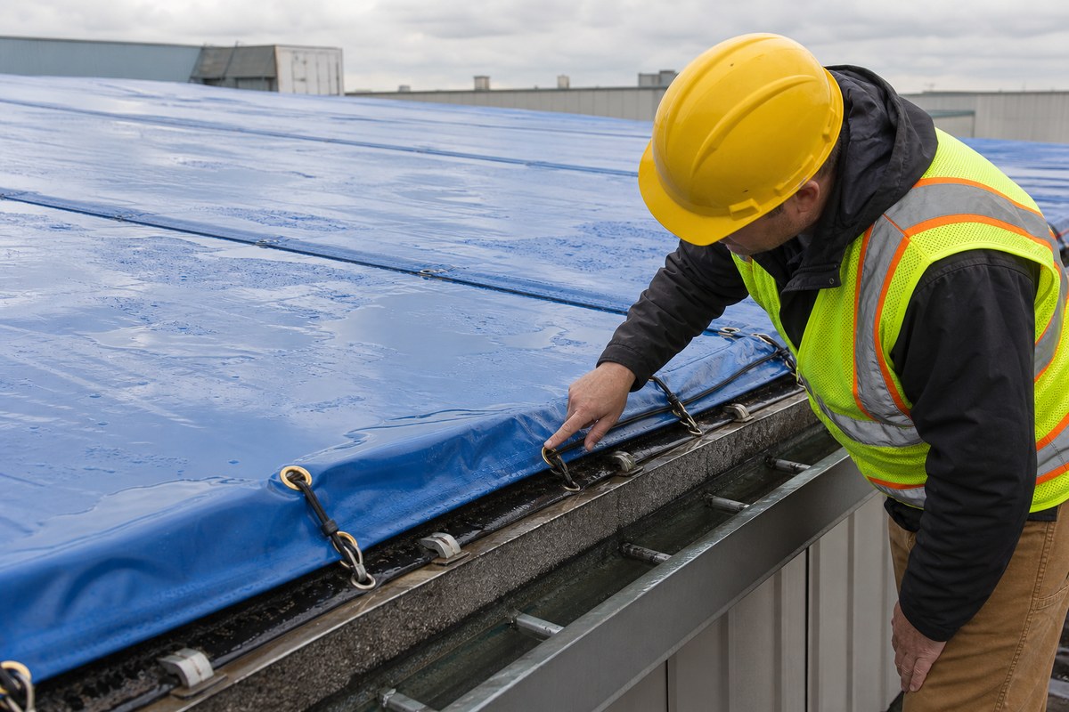 worker inspecting tie-down spacing and abrasion points on a roof tarp cover