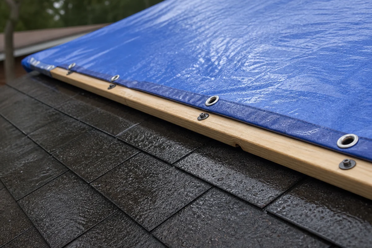 emergency roof tarp edge secured with reinforced fastening after storm damage
