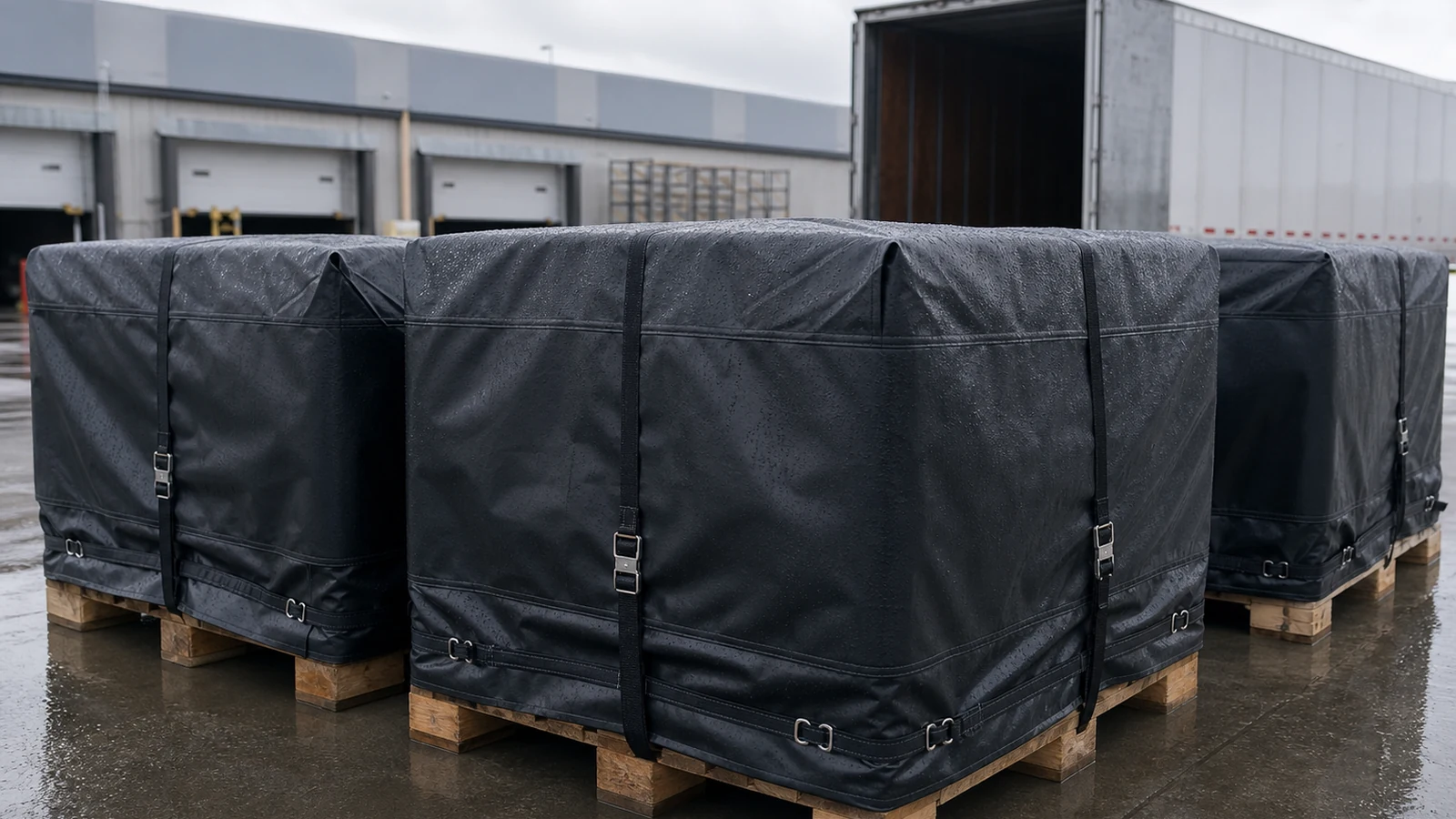 waterproof PVC pallet cover protecting goods during outdoor storage