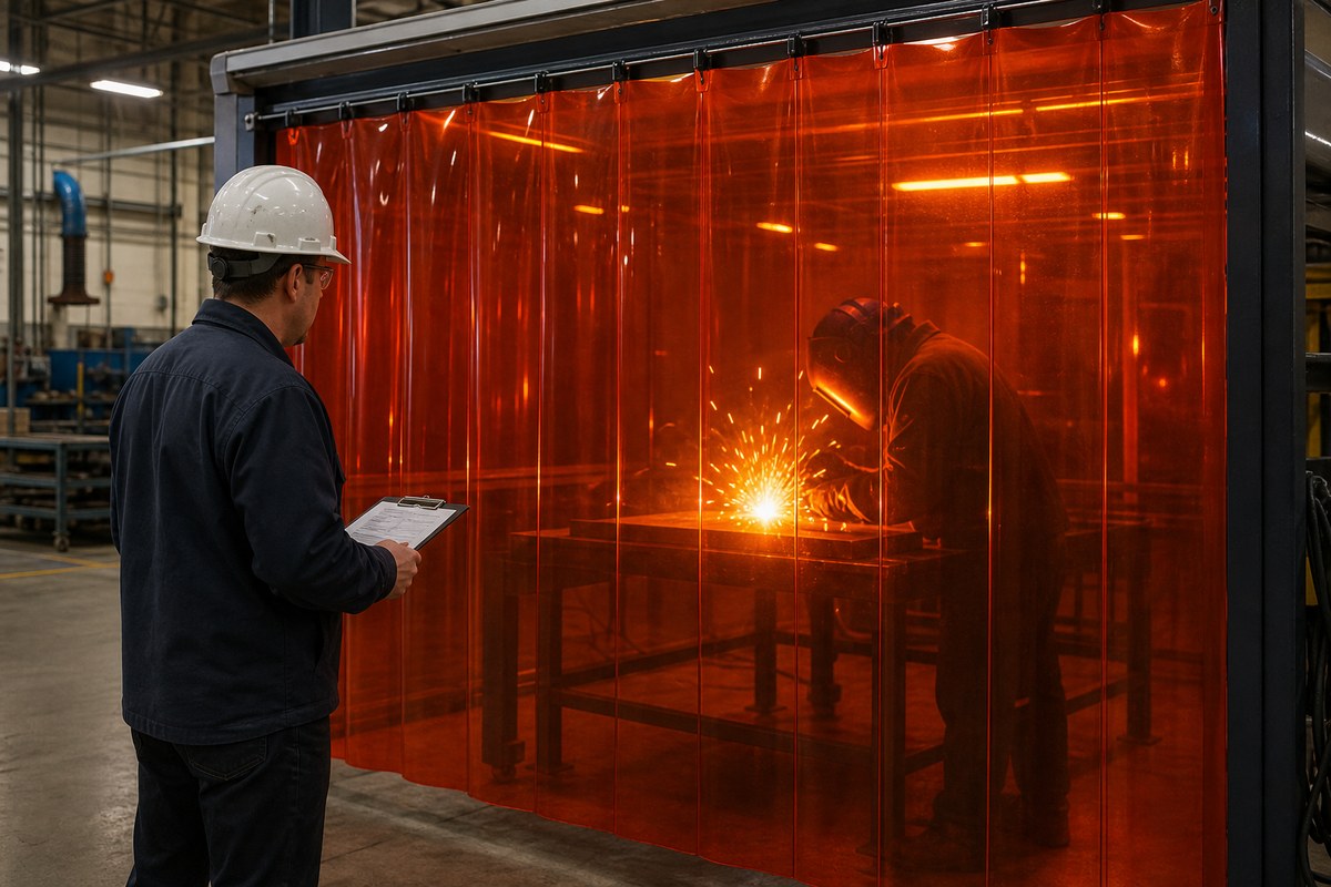 tinted transparent welding curtain controlling glare while maintaining workshop visibility