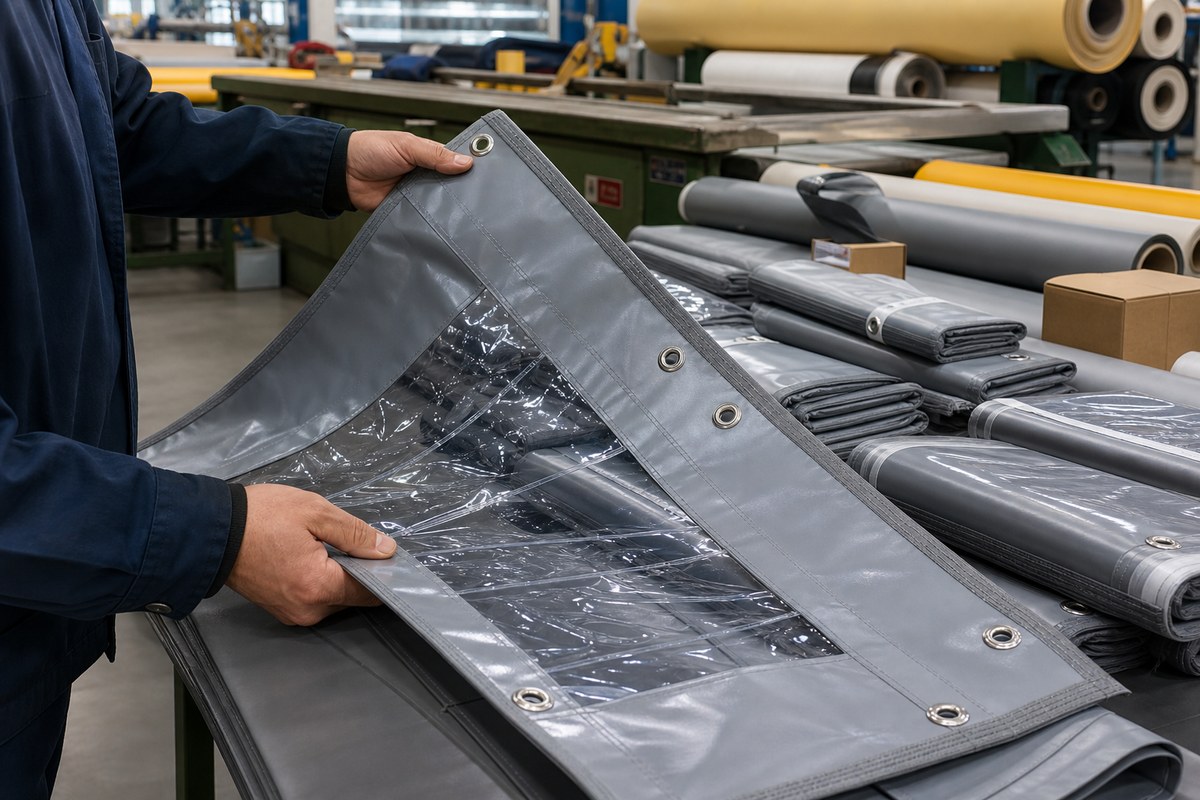 custom PVC divider curtain production with reinforced edges and hanging hardware inspection
