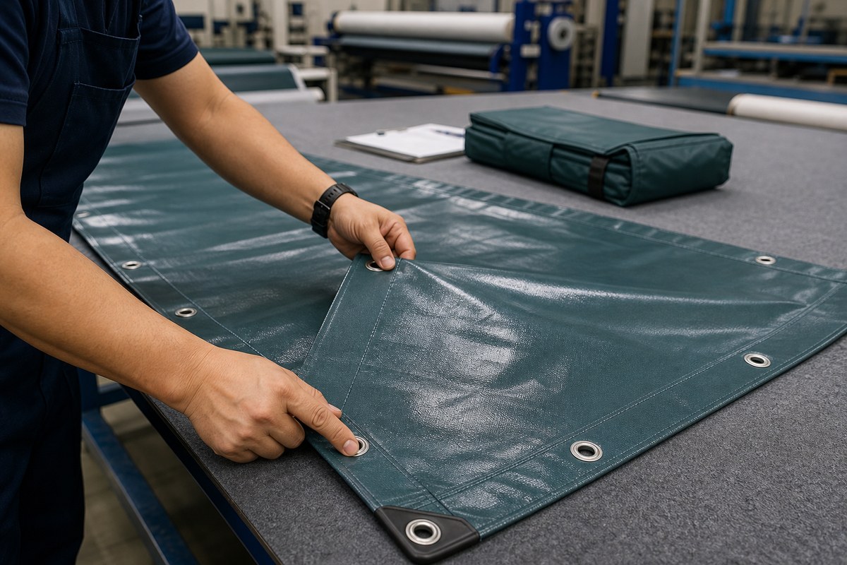 factory checking custom camping ground tarp sample with reinforced corner and packing