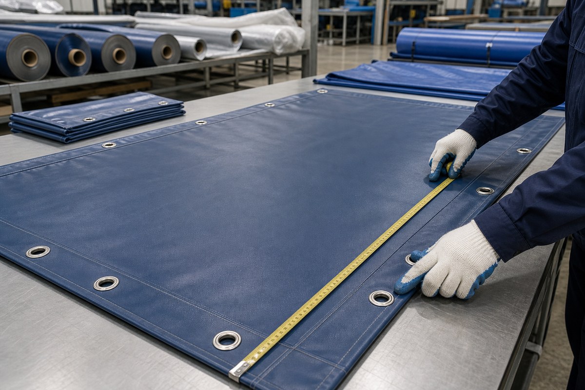 factory inspection of custom PVC construction hoarding panels with reinforced hems and grommets