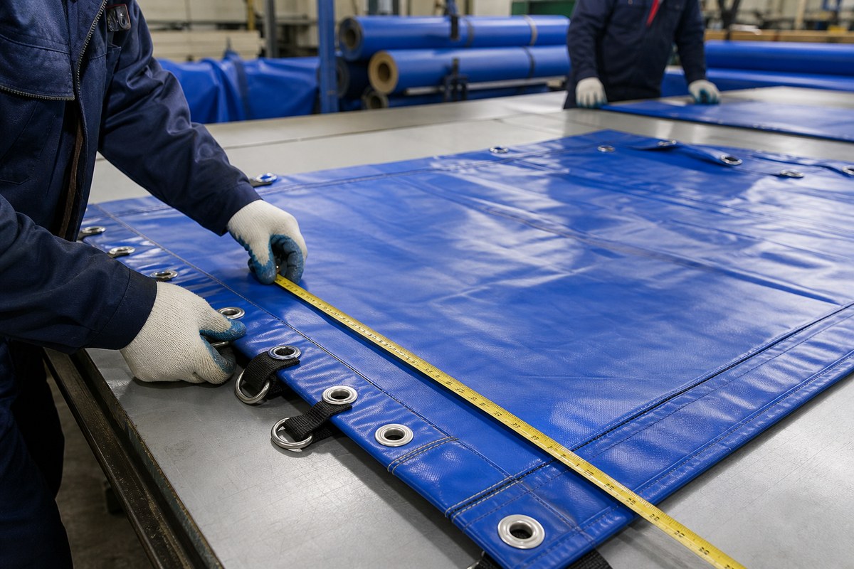 factory inspection of blue roof tarp cover panel with reinforced hems and grommets