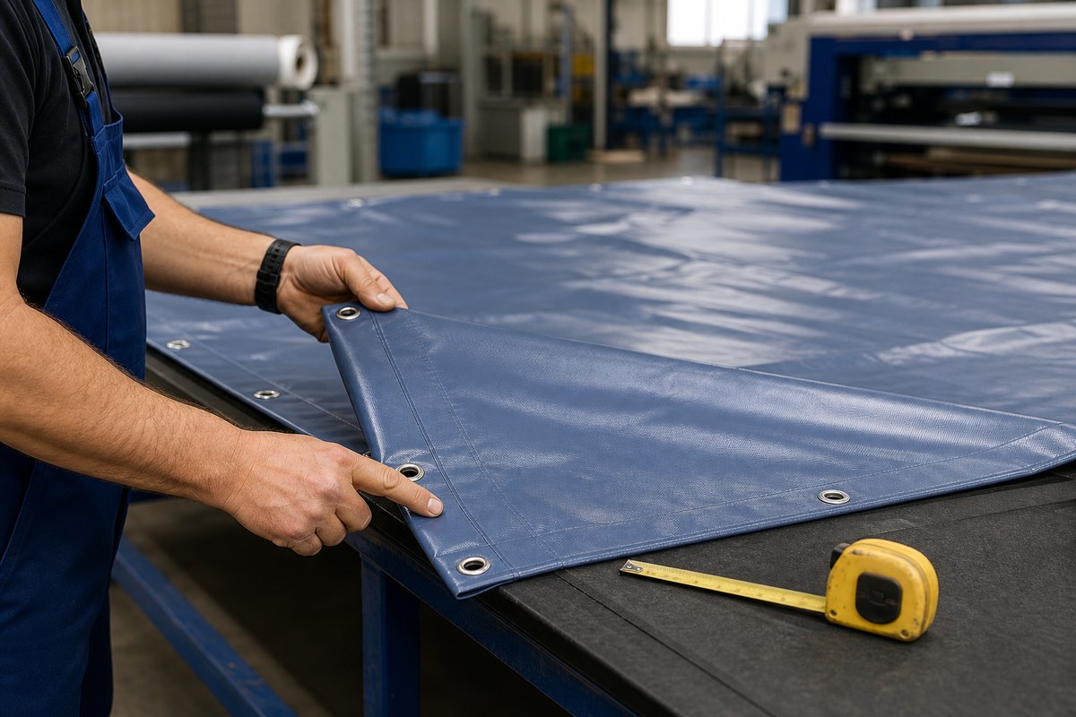 factory quality check of custom waterproof roof tarp panel with reinforced hem and grommets