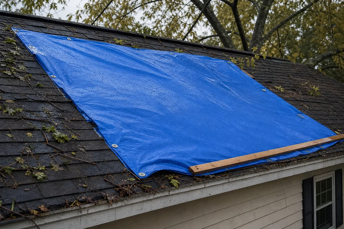 temporary emergency roof tarp rechecked after rain and wind