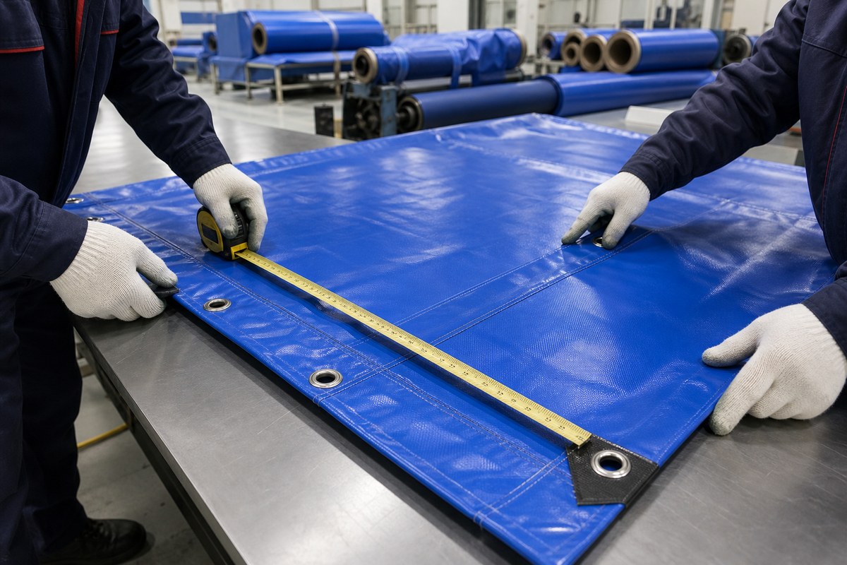 factory quality check of waterproof tarp seam grommets and reinforced hem before bulk order