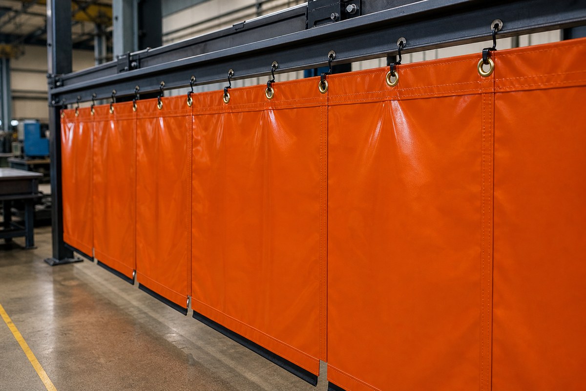 welding curtain installation with hanging rail hooks and controlled bottom clearance
